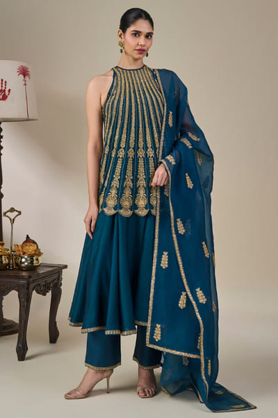 Masaba Teal and gold embroidered anarkali set MASAAUG26D151806