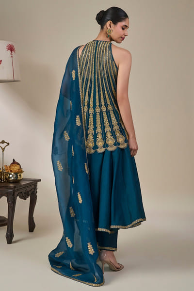 Masaba Teal and gold embroidered anarkali set MASAAUG26D151806