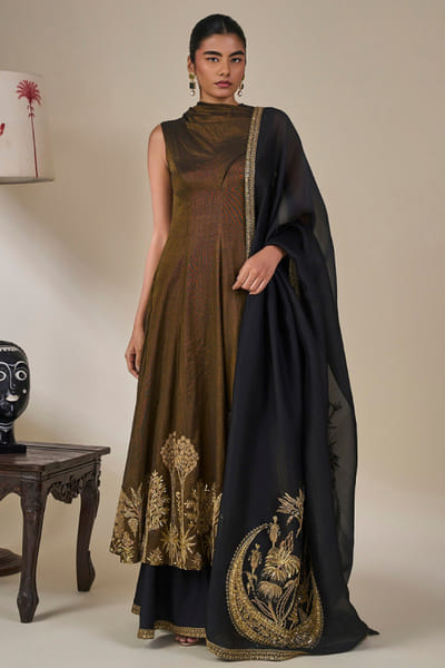 Masaba Brown and gold embroidered anarkali set MASAAUG26D151802