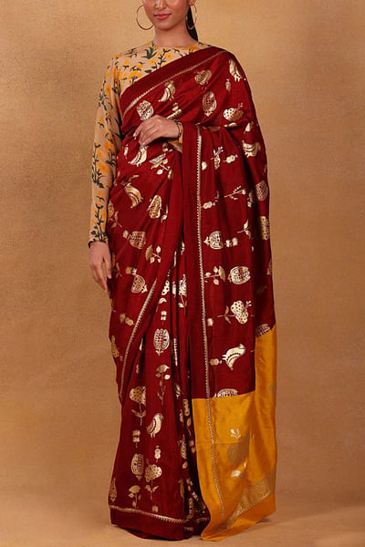 Maroon foil printed sari