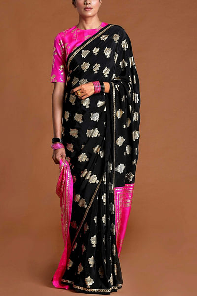 Black foil printed silk sari