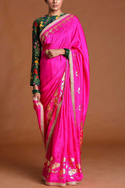 Hot pink printed floral sari