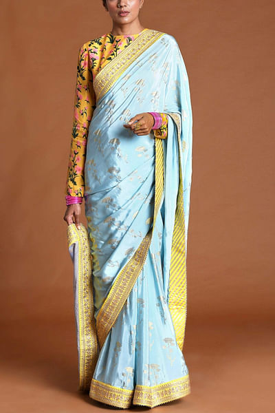 Dusty blue foil printed sari