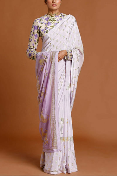Lilac foil printed sari