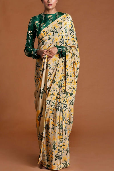 Beige printed sari