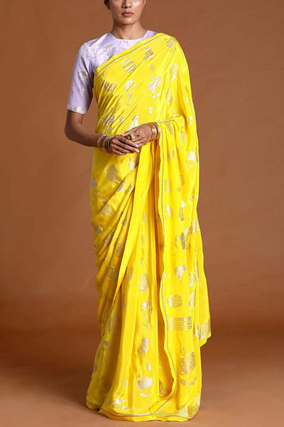 Lemon yellow printed sari