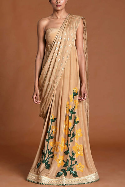 Beige printed sari gown