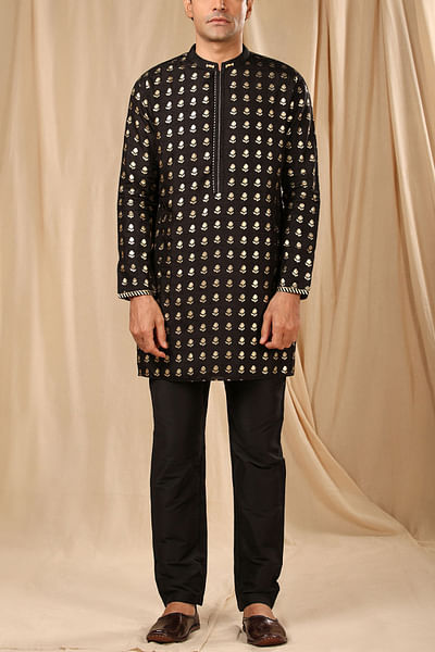 Black raw silk printed kurta
