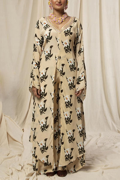 Ivory floral printed tunic and palazzos
