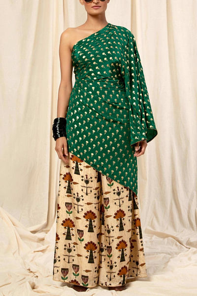 Green one shoulder tunic and palazzos
