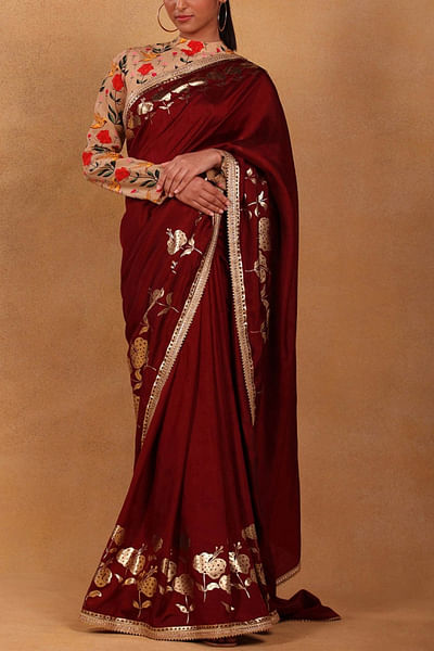 Maroon gold foil printed sari set
