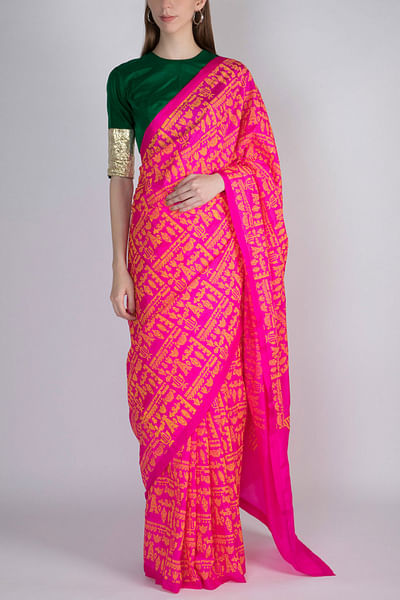 Hot pink printed sari set