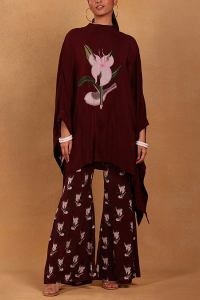 Maroon printed poncho and bell bottoms