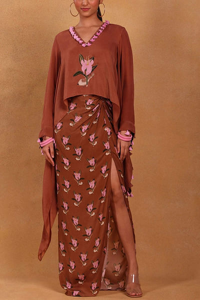 Brown floral skirt and cape set