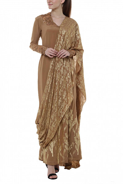 Brown printed sari gown
