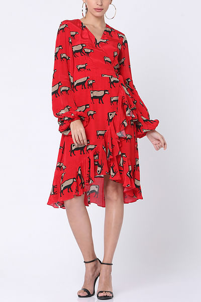 Red cow printed wrap dress