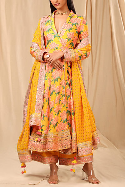 Yellow floral angrakha set