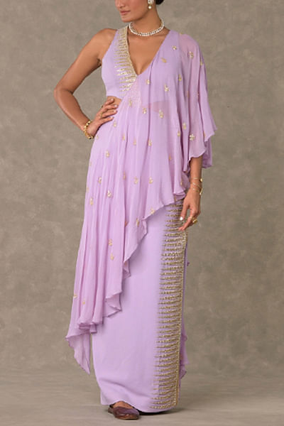 Lilac embroidered ruffled sari gown
