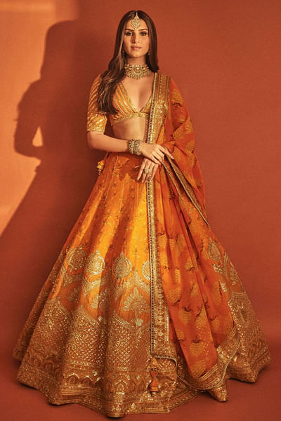 Rust floral print and embroidery lehenga set