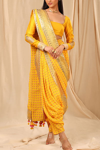 Yellow pre-stitched dhoti saree