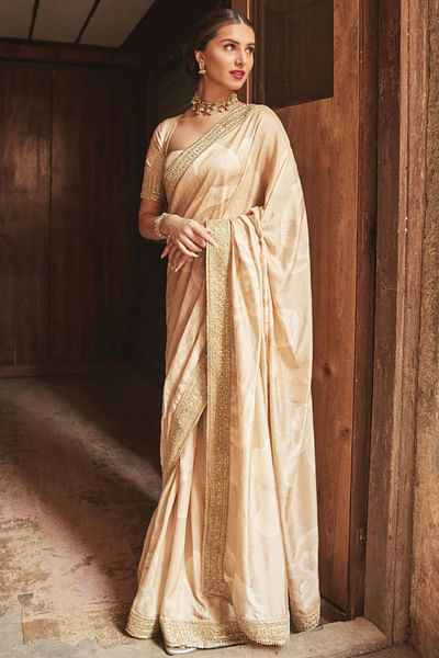Beige floral print sari set