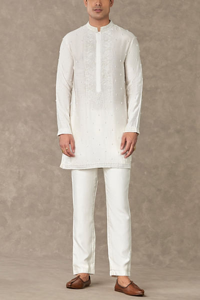White pearl embellished short kurta set