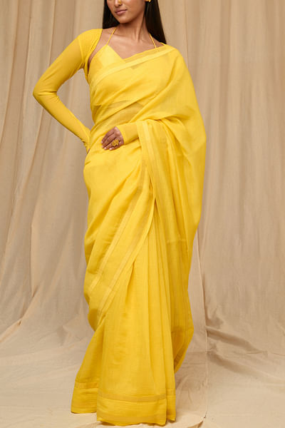 Lemon yellow chanderi mul sari set