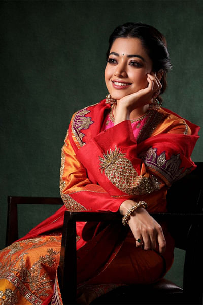 Orange palm tree embroidered kurta set