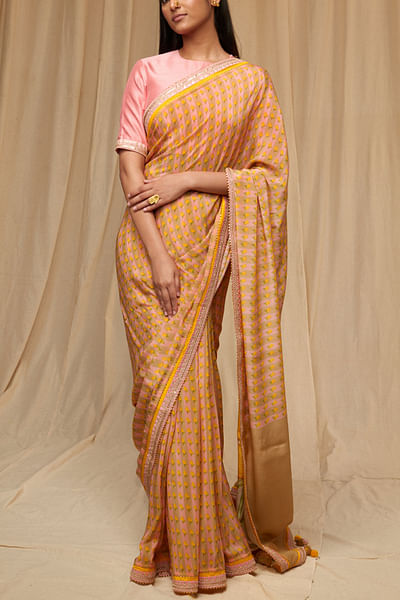 Beige printed crepe sari set