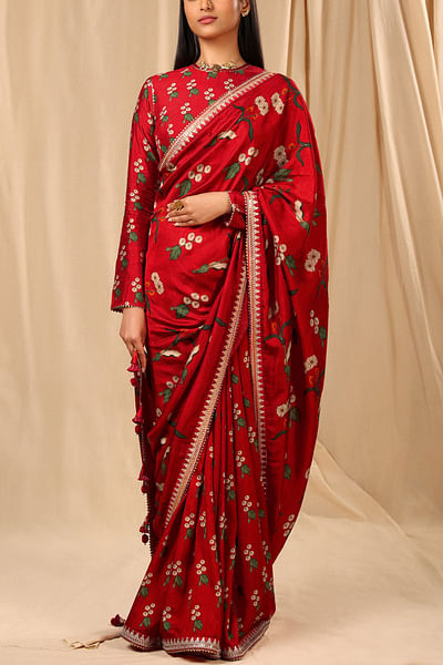 Red floral print sari set