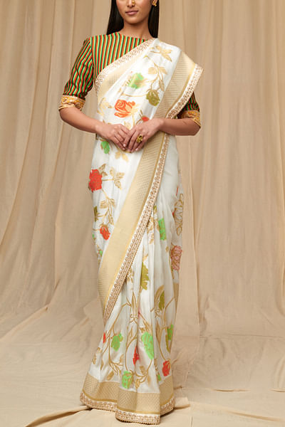 Ivory floral print silk sari set