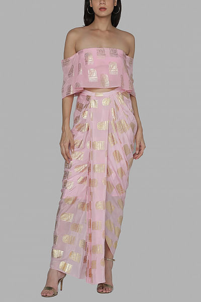 Light pink comb printed top and dhoti skirt
