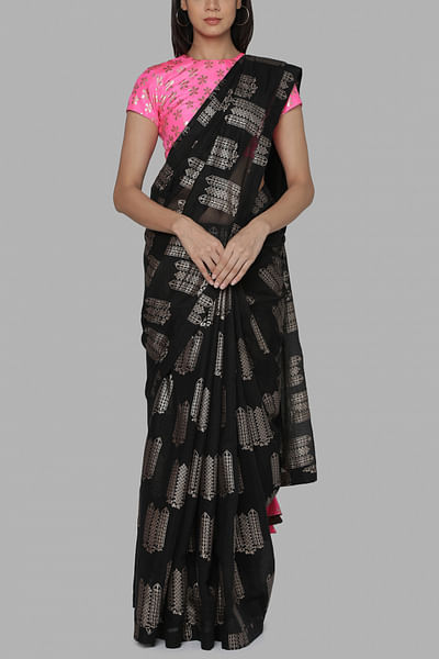 Black flowers & needles foil printed sari