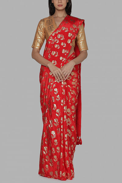 Red marigold foil printed sari