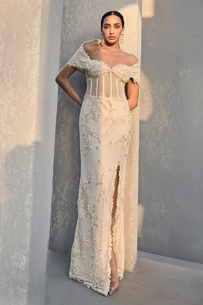 Ivory pearl embroidered gown
