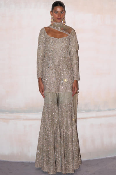 Jade green zardozi embroidered sharara set