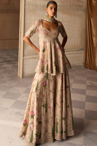 Japanese pink thread embroidered sharara set