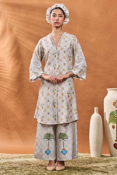 Powder blue spade and check printed tunic set