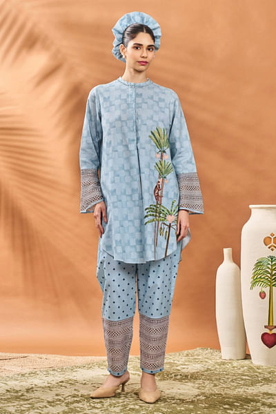 Blue tree and monkey printed tunic set