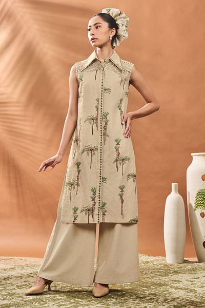 Sage green tree printed shirt kurta set