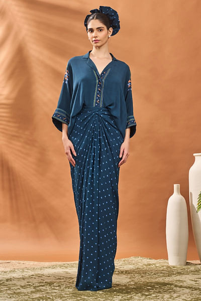 Navy club and spade printed shirt and skirt
