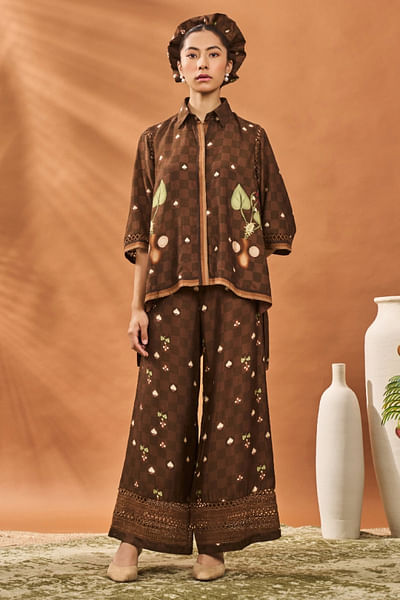 Brown leaf and check printed co-ords
