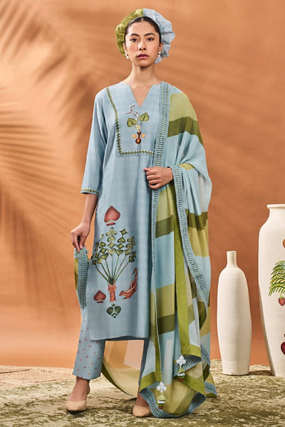 Powder blue leaf and squirrel print kurta set