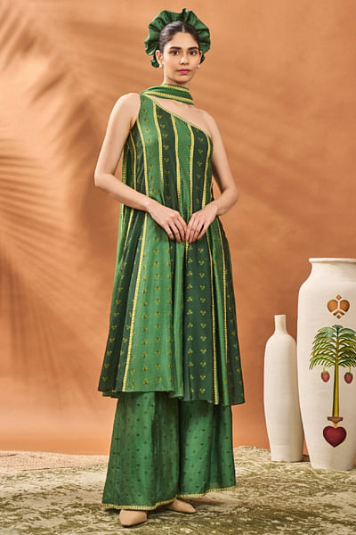Green print one-shoulder anarkali sharara set