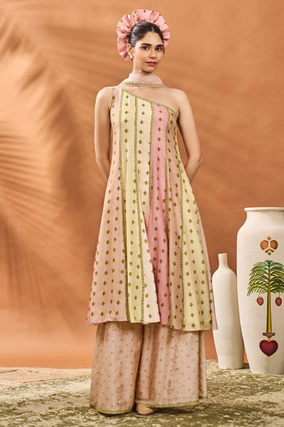 Sorbet print one-shoulder anarkali sharara set