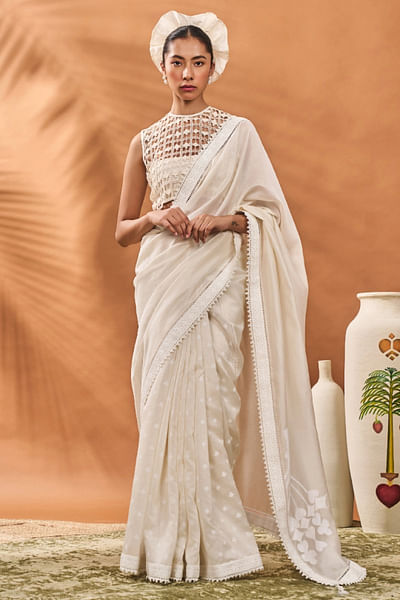 Ivory club and spade printed applique sari set