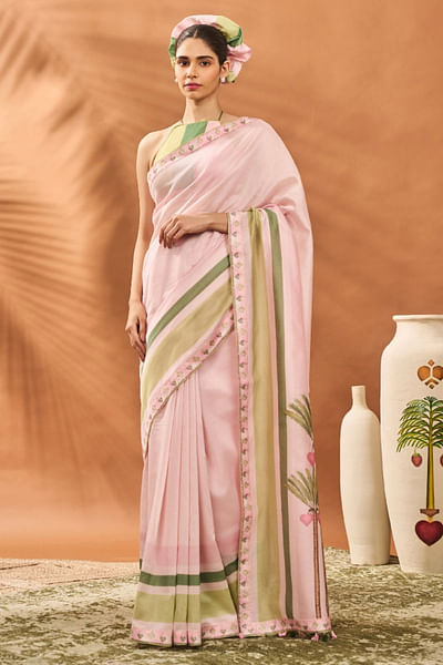 Pink tree and heart printed sari set