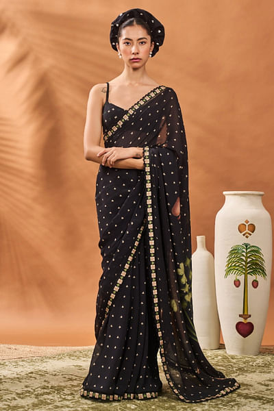 Black tree and spade printed sari and cape set