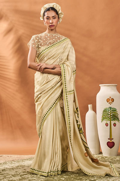 Sage green spade printed crochet sari set