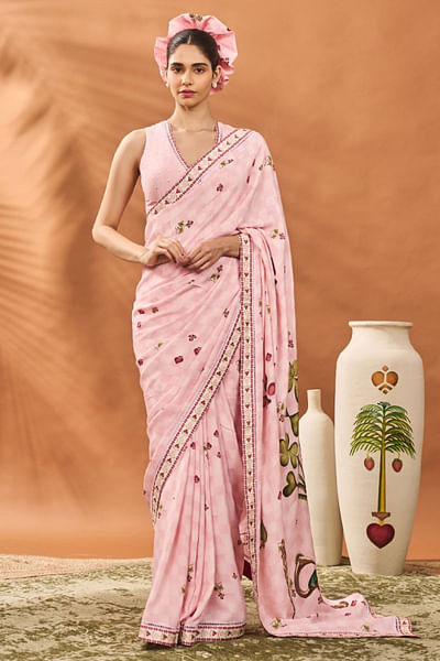 Pink spade and tree printed sari set